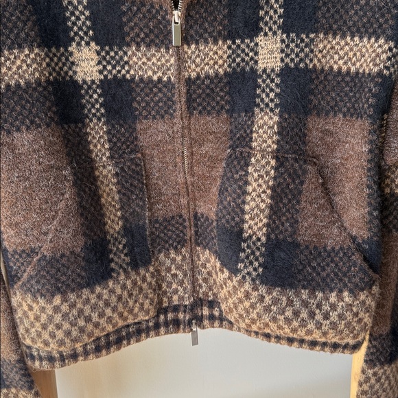 ZARA Plaid Zip Up Collared Soft Knit Sweater Brown Black Tan with Pockets L - Picture 9 of 16
